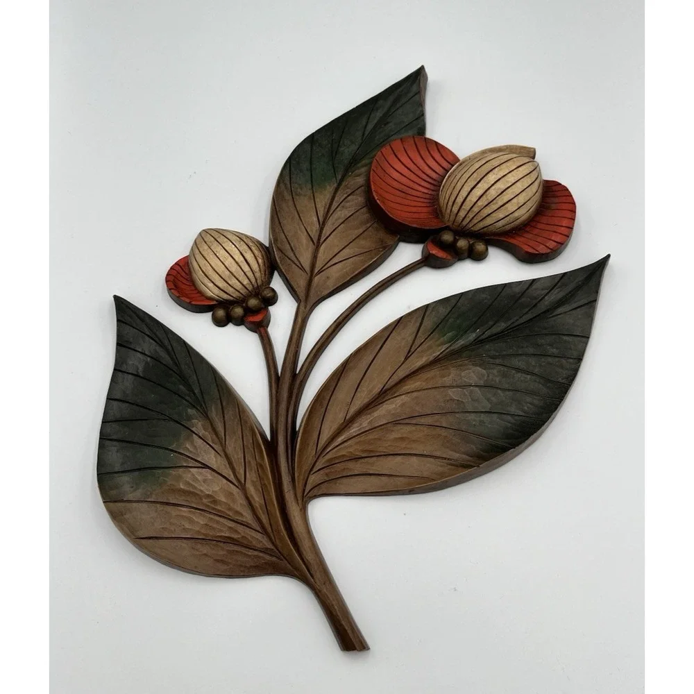 MCM Syroco Flower Wall Hanging Plaque Wood Grain Orange Green Leaves 1964 VTG